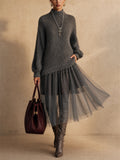 Women Mock Neck Tulle Patchwork Knit Sweater Midi Dress