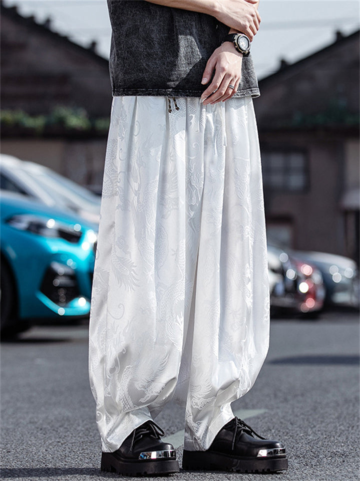Men's Solid Color Loong Print Cool Drape Wide Leg Harem Pants