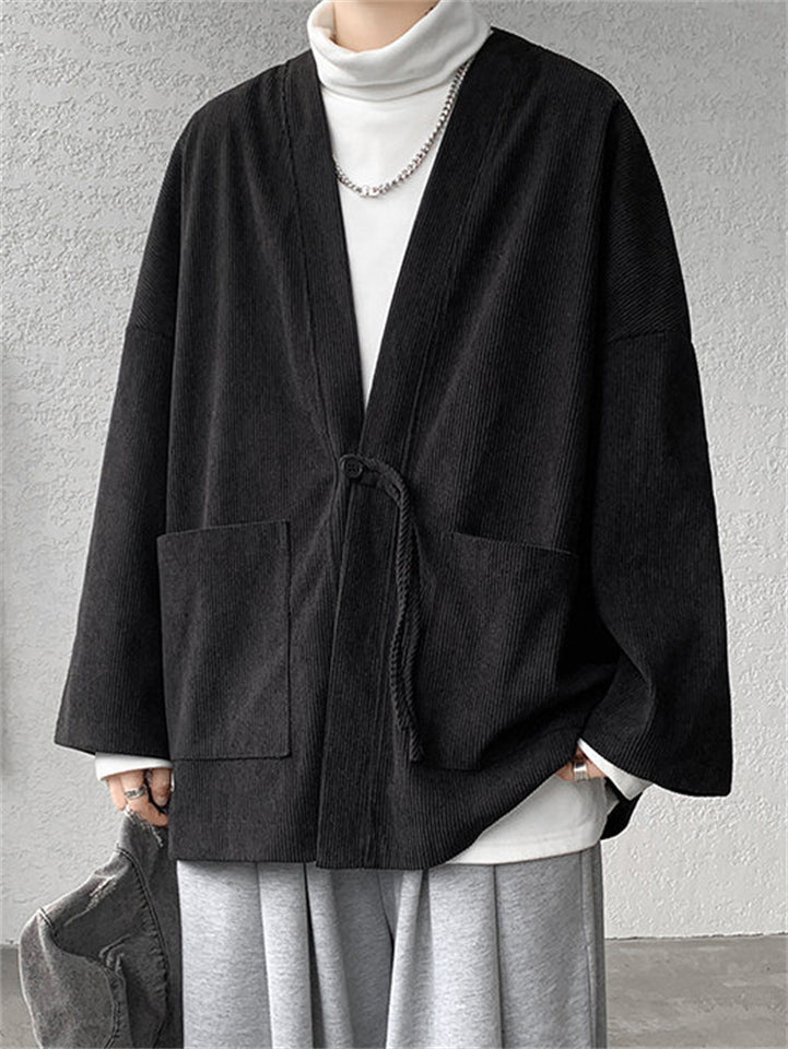 Retro Men's Solid Color Loose Corduroy Textured Pockets Jackets