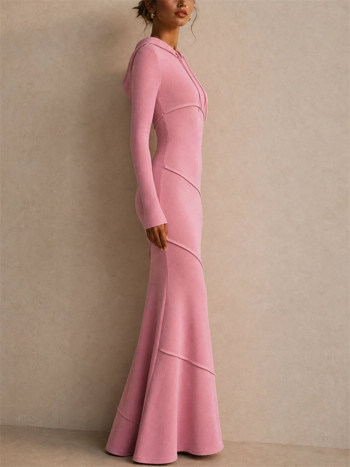 Women Pink Ribbed Hooded Long Sleeve Bodycon Maxi Dress