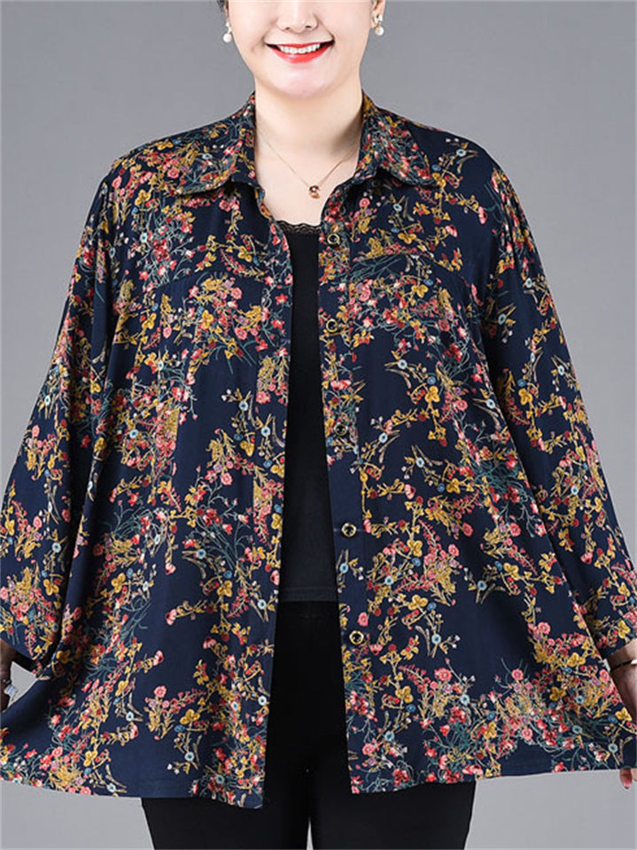 Women's Plus Size Summer Floral Print Lapel  3/4 Sleeve Shirt