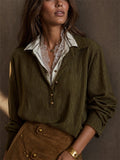 Women Olive Green Patchwork Textured Button Down Long Sleeve Shirt