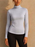 Women Mulberry Silk Slim Fit Turtleneck Long Sleeve Stretch Shirt