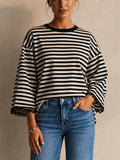 Womens Striped Oversized Long Sleeve Scallop Trim Top