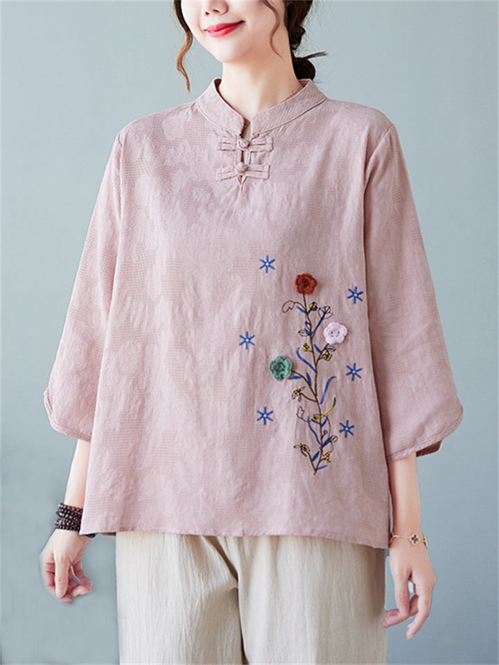 Women's Floral Hand Embroideried Elegant Stand Collar Shirt