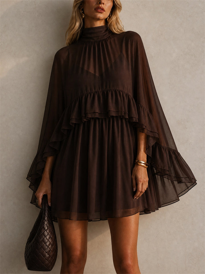Women 2 Piece Chiffon High Neck Ruffle Mini Dress and Slip Set