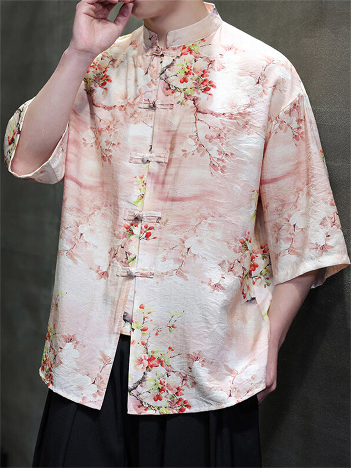 Men's Summer Retro Chinese Style Print Frog Button Half Sleeve Shirts