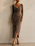 Women Elegant Velvet Cowl Neck Long Sleeve Ruched Midi Dress