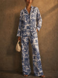 Women 2 Piece Toile De Jouy Blue Long Sleeve Cotton Pajama Set