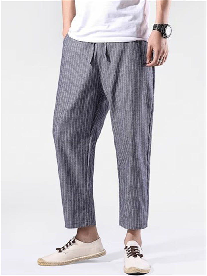 Men's Summer Stripe Drawstring Cropped Pants