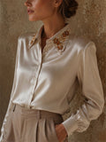 Women's Stylish Beaded Collar Satin Button Down Blouse