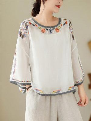 Ladies Ethnic Style Floral Embroidery Round Neck Shirts
