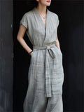 Women's V-Neck Linen Short Sleeve Maxi Tie Waist Dress