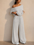 Womens Casual Two Piece Off Shoulder Top and Wide Leg Pants Set