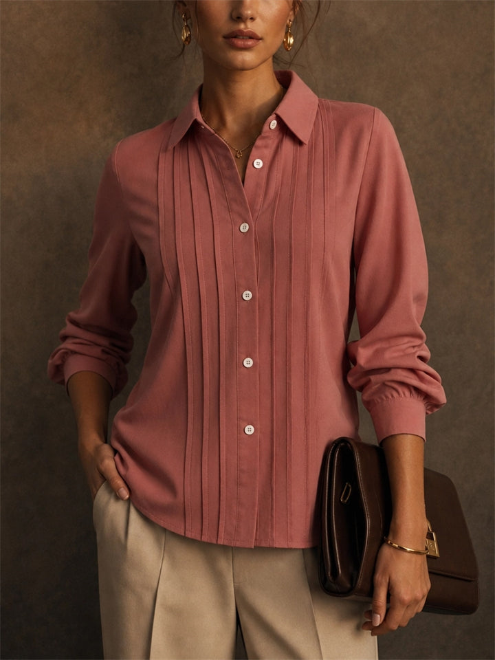 Womens Pink Long Sleeve Pintuck Pleated Button Down Blouse