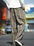 Men's Retro Straight Leg Striped Casual Pants with Elastic Waist