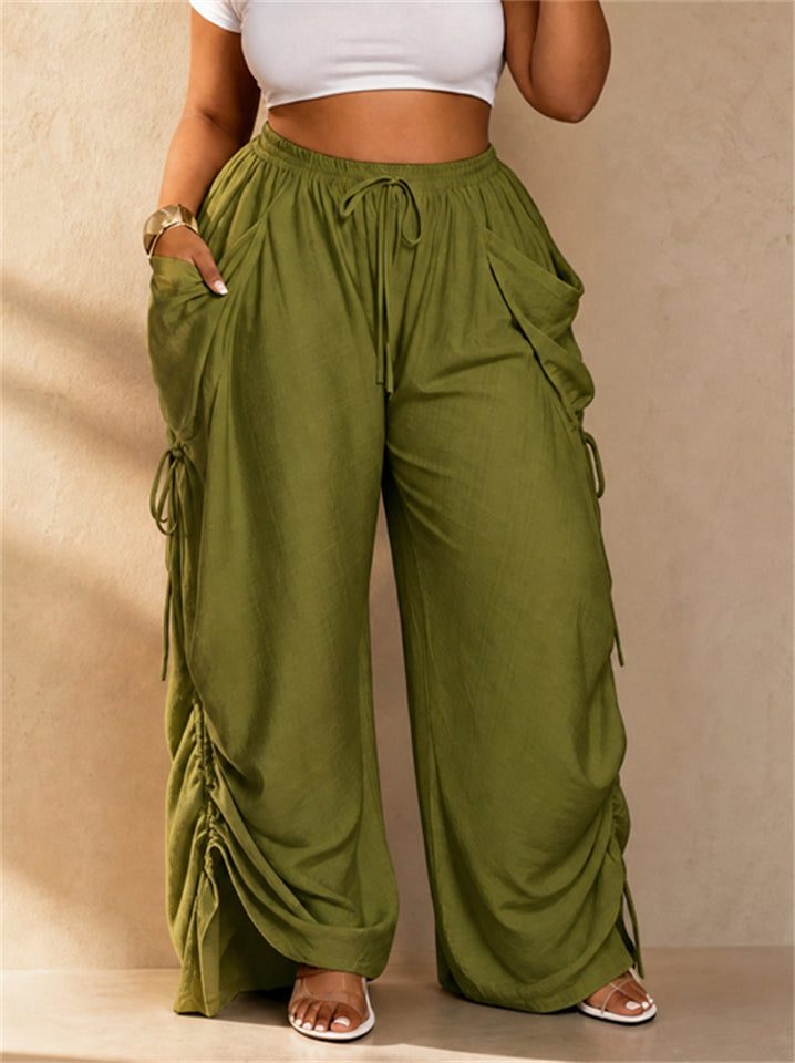 Womens Baggy Wide Leg Ruched Drawstring Cargo Pants