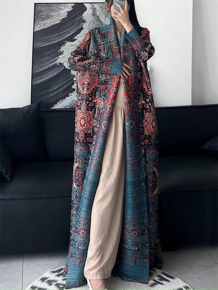 Women's Geometric Print Pleated Long Sleeve Cardigan Coat