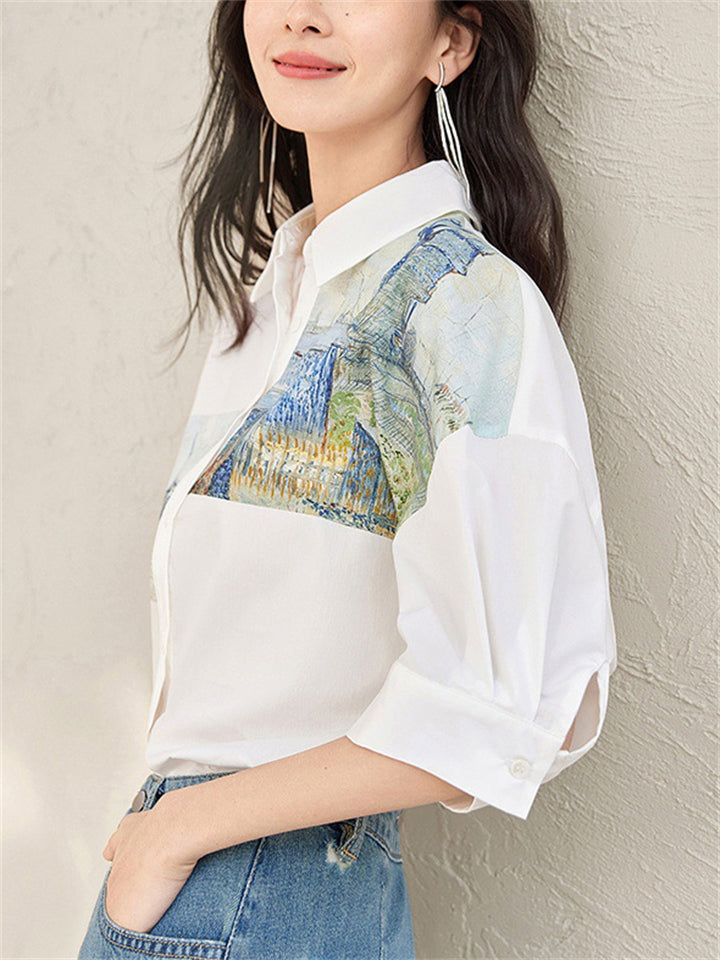 Women's Elegant Painting Print Lapel Short Sleeve Shirts