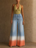 Women High Waisted Wide Leg Ombre Gradient Denim Jeans