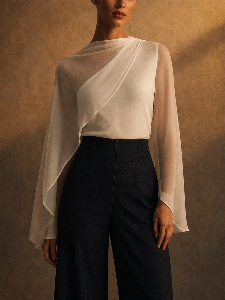 Women White Sheer Mesh Overlay Asymmetric Draped Party Top