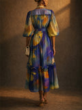 Womens Watercolor Floral Pleated Puff Sleeve Midi Dress
