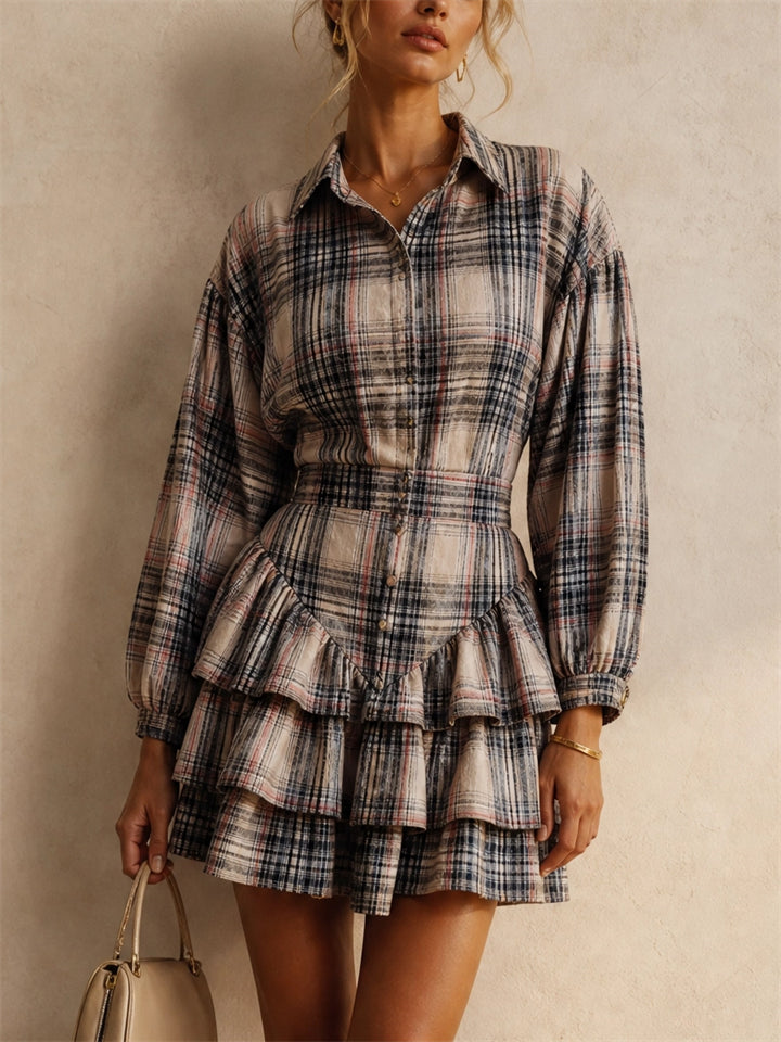 Women Plaid Long Sleeve Ruffle Top and Tiered Mini Shirt Set