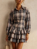 Women Plaid Long Sleeve Ruffle Top and Tiered Mini Shirt Set