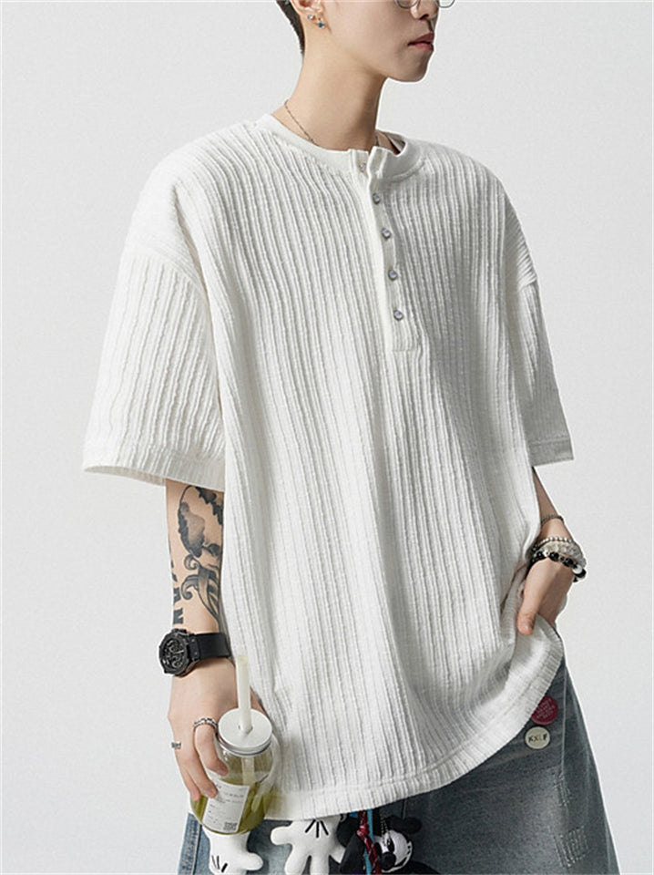 Men's Simple Oversized Ribbed Henley Short Sleeve Streetwear Shirts