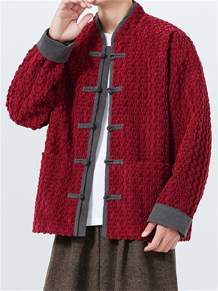 Men's Winter Plush Contrast Color Button Up Long Sleeve TangSuit Jackets