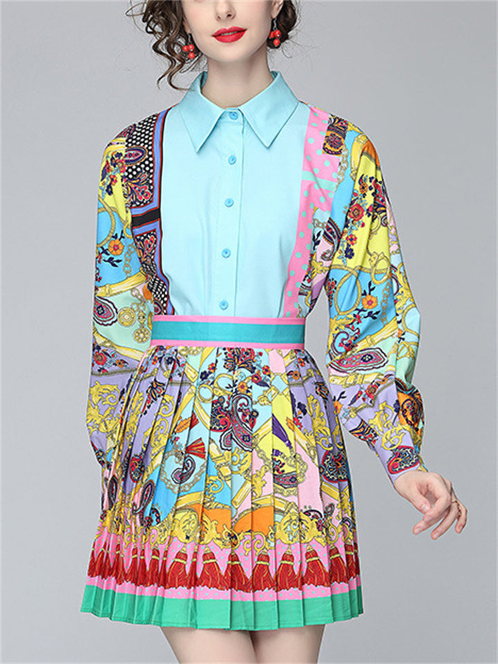 Women's 2Pcs Blue Contrast Color Print Lapel Shirt & Pleated Skirt Set