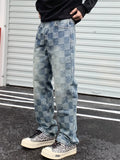 Men's Washed Streetwear Plaid Cotton Mid-waist Regular Fit Jeans