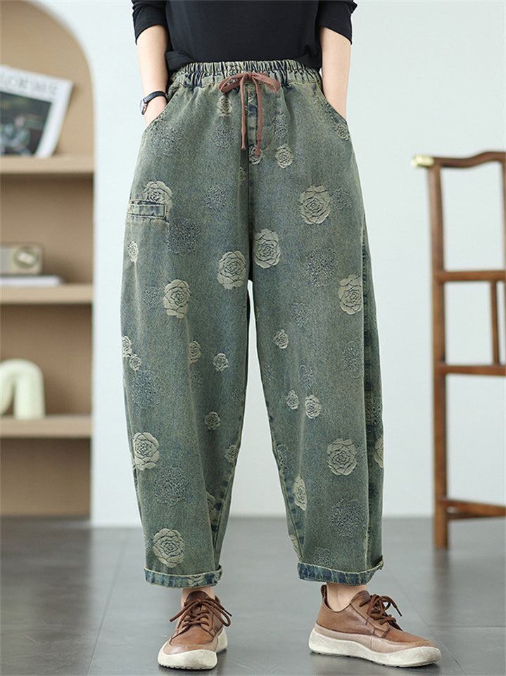 Women's Flower Print Elastic Waist Harem Cropped Jeans