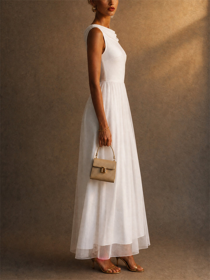 Women Cowl Neck Tulle Sleeveless Midi Gown Dress