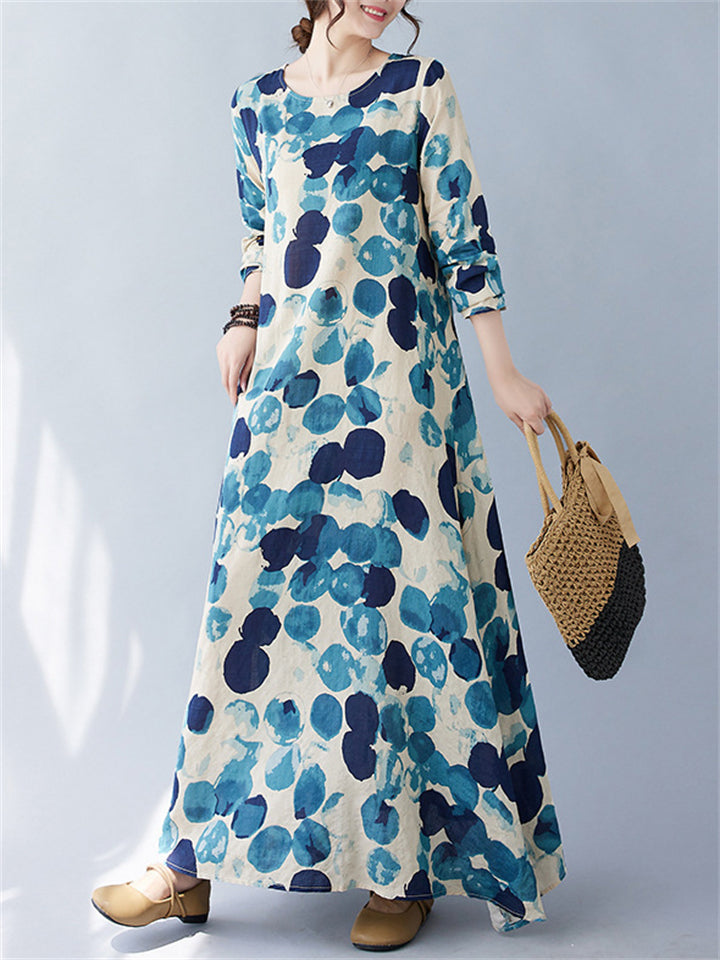 Women's Round Neck Blue Polka Dots Casual Maxi Dress