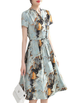 Women's Summer Print Short Sleeve Tie-waist Dress