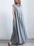 Japanese Style Solid Color Sleeveless Big Hem Maxi Dress
