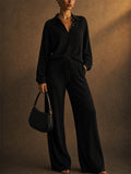 Women Casual Pleated 2 Piece Button Down Shirt and Wide Leg Pants Set