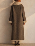 Women Faux Suede Reversible Long Winter Overcoat with Faux Fur Trim