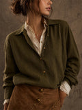 Women Olive Green Patchwork Textured Button Down Long Sleeve Shirt