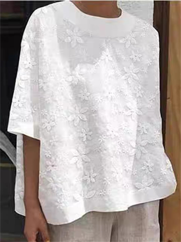 Women's Summer White Round Neck Embroidered Short Sleeve Shirts