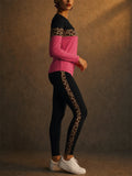Women 2 Piece Leopard Color Block Long Sleeve Leggings Set