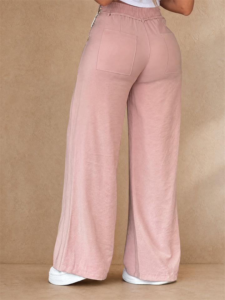 Womens Pin Tuck High Waisted Wide Leg Drawstring Cargo Pants
