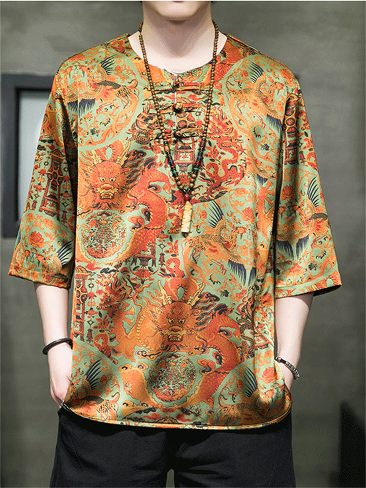 Men's Summer Cool Chinese Style Loong Printed Half Sleeve TangSuit Shirt