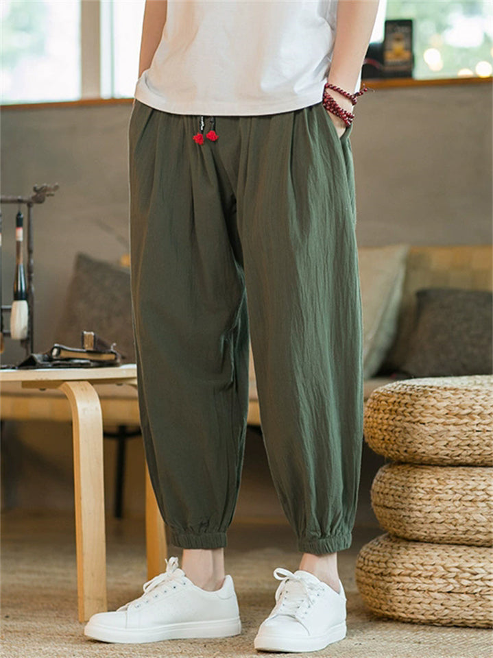 Men's Casual Breathable Linen Blend Loose Cuffed Cropped Pants