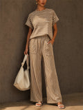 Womens Striped 2 Piece Matching Short Sleeve Wide Leg Pants Set