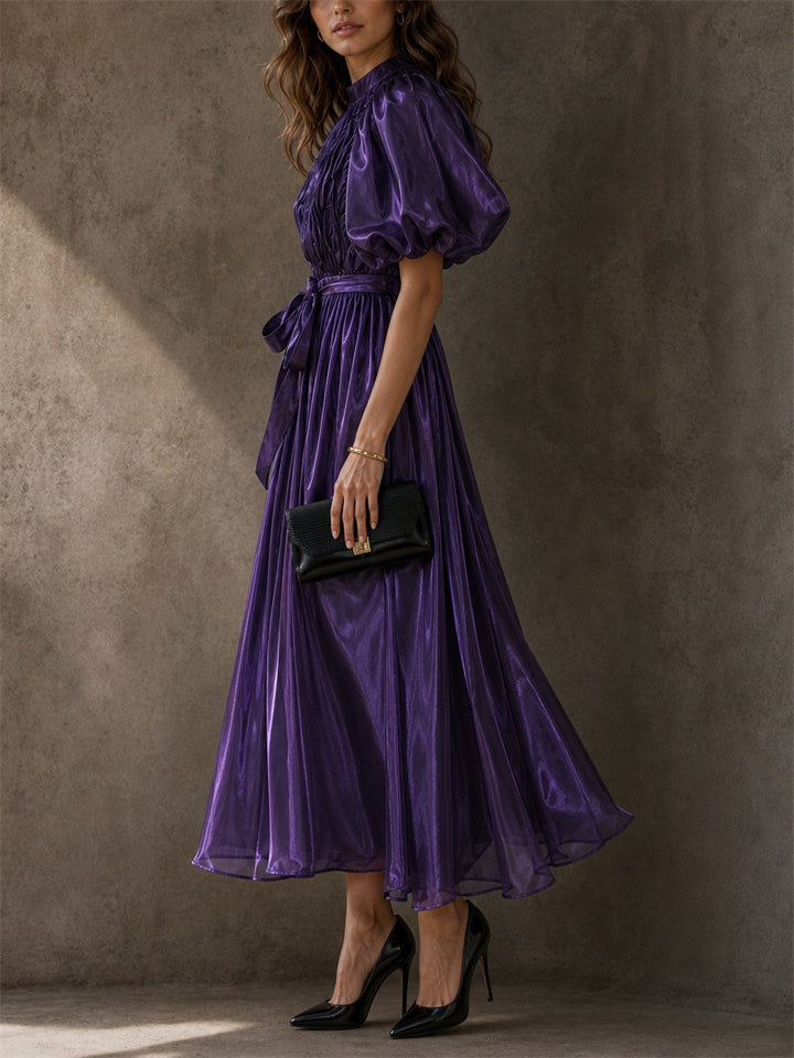 Women Elegant Shiny Puff Sleeve Smocked Maxi Party Dress