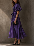 Women Elegant Shiny Puff Sleeve Smocked Maxi Party Dress