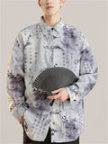 Chinese Style Men's Plum Blossom Hanzi Print Lapel Long Sleeve Shirts