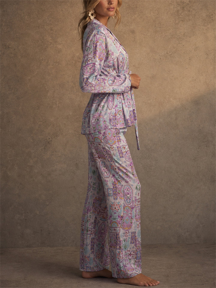 Women 2 Piece Purple Print Long Sleeve Belted Wide Leg Pajama Set